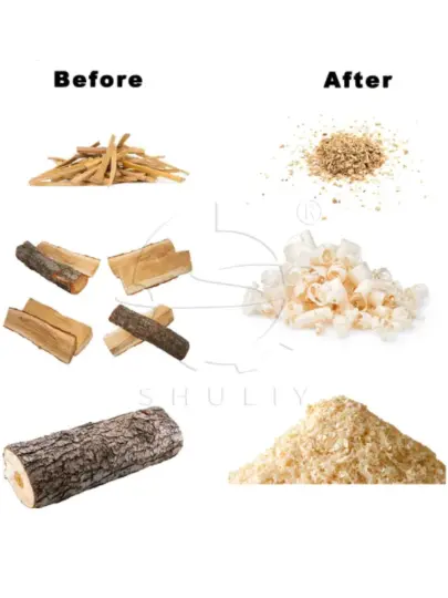 প্রক্রিয়াজাতকরণের আগে এবং পরে কাঠের লোগগুলো প্রাণী বিছানার শেভিংস হিসেবে।